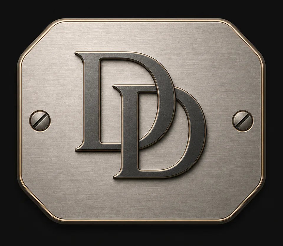 The DriveDossier badge: a brushed metal VIN plate with an engraved interlocking DD monogram